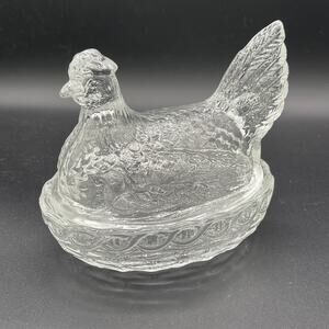 Clear Glass Hen on Nest with Chick Covered Dish by L. E. Smith